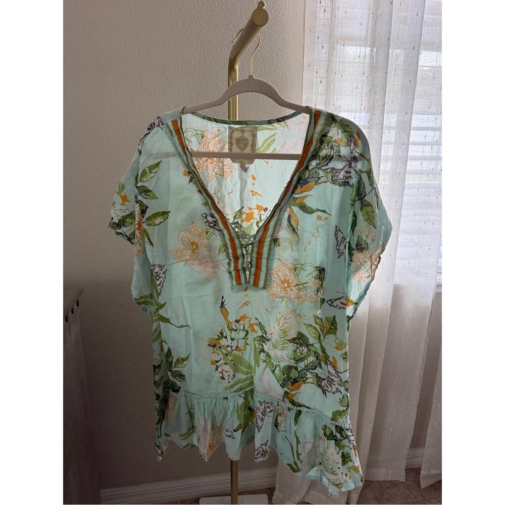 Z & L Light Blue Floral V-Neck Women's bathing suit coverup or tunic top - Picture 2 of 7
